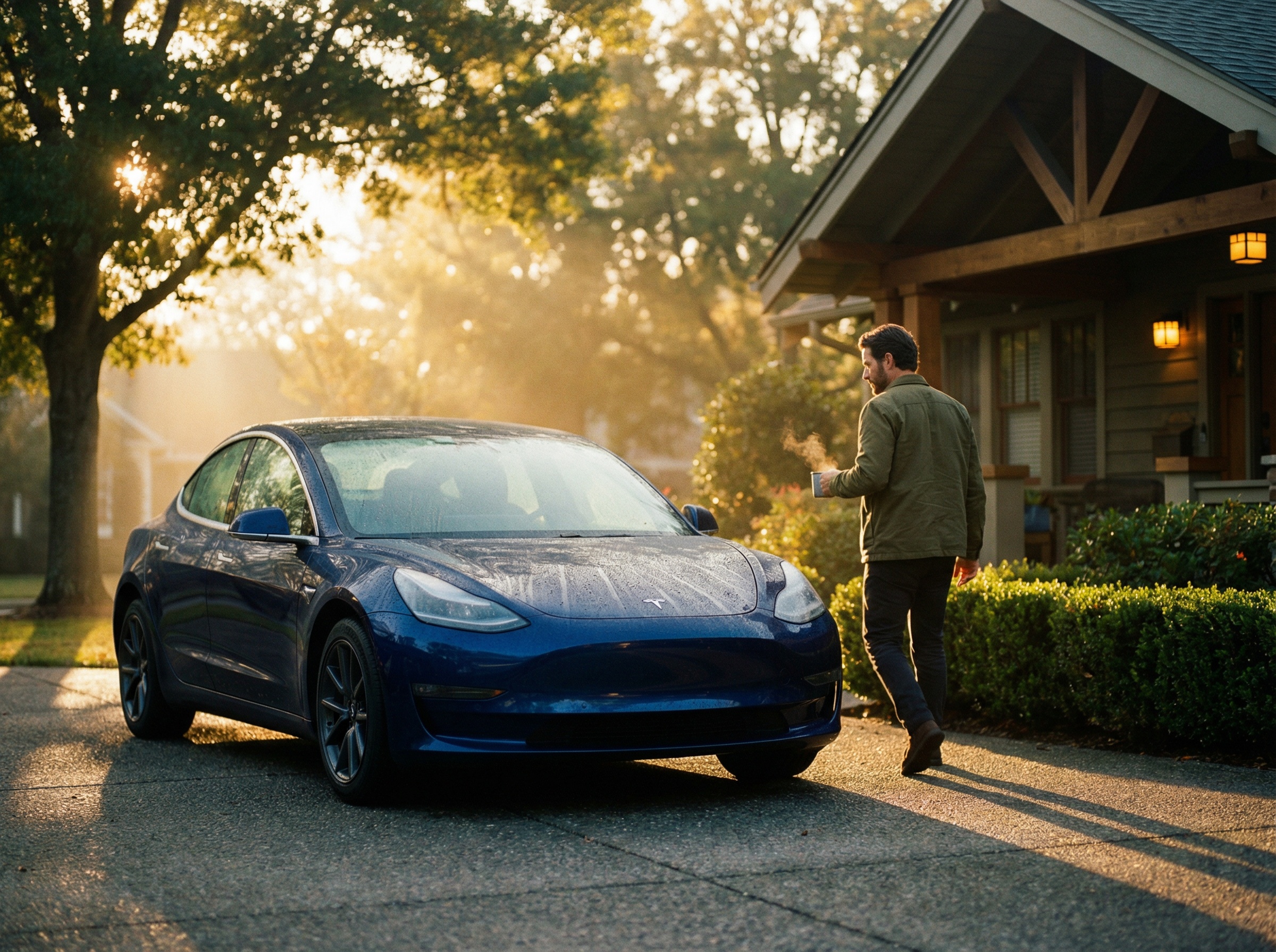 Man walking toward his car with coffee on a quiet morning street