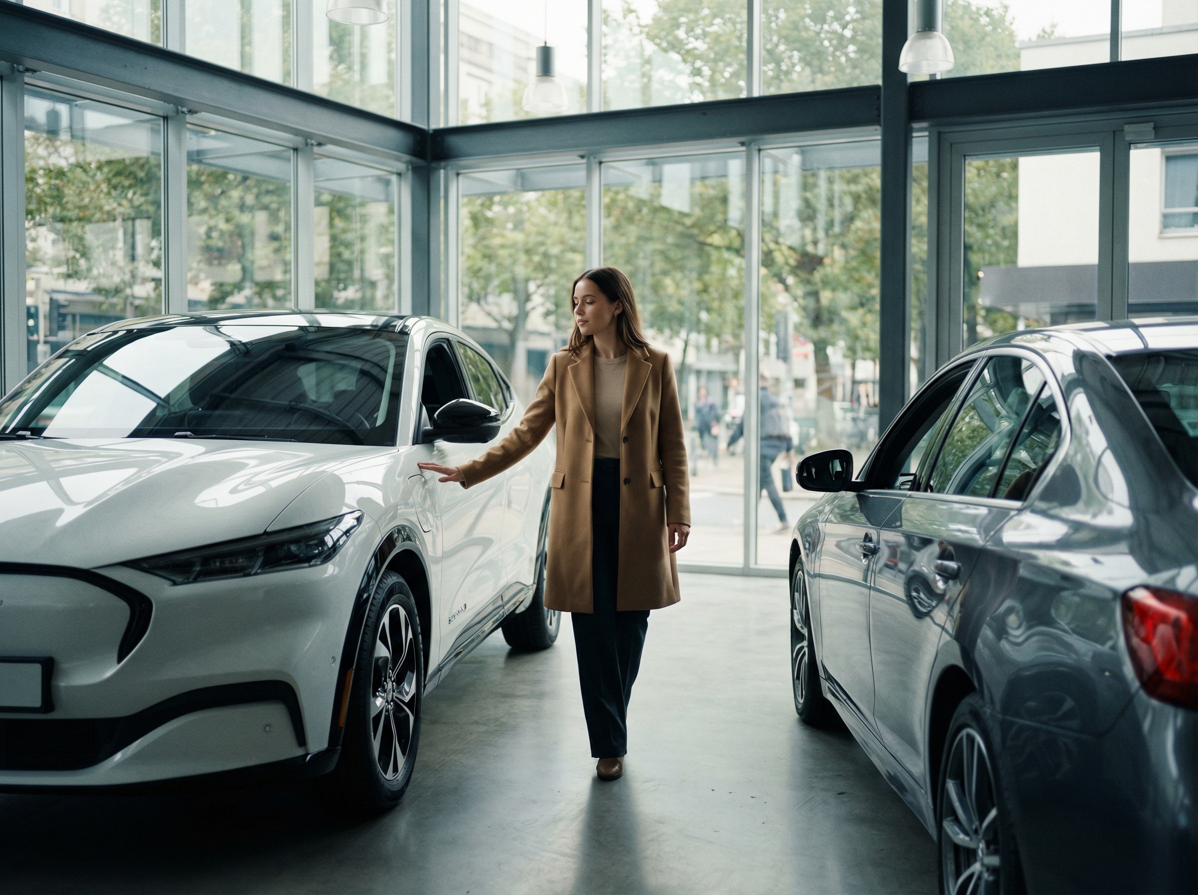 Woman browsing vehicles in a modern showroom with floor-to-ceiling glass